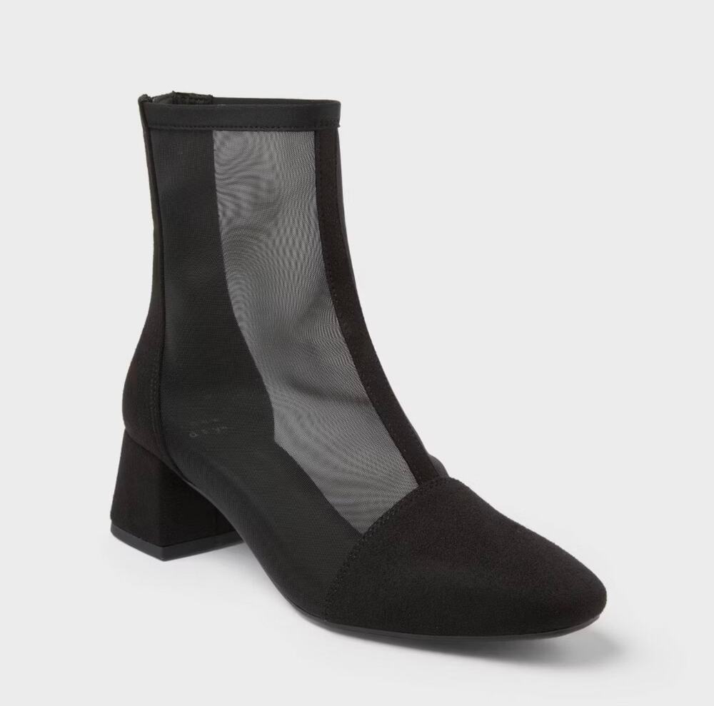 A New Day Black Ankle Boots Mesh/Sock Bootie with Chunky Heel Sz 8.5